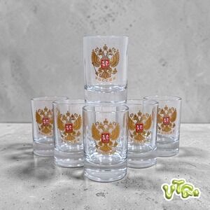 VINTAGE Russian Vodka Shot Glasses 🇷🇺 Gold Double Eagle Crest Barware | 6 PCS.